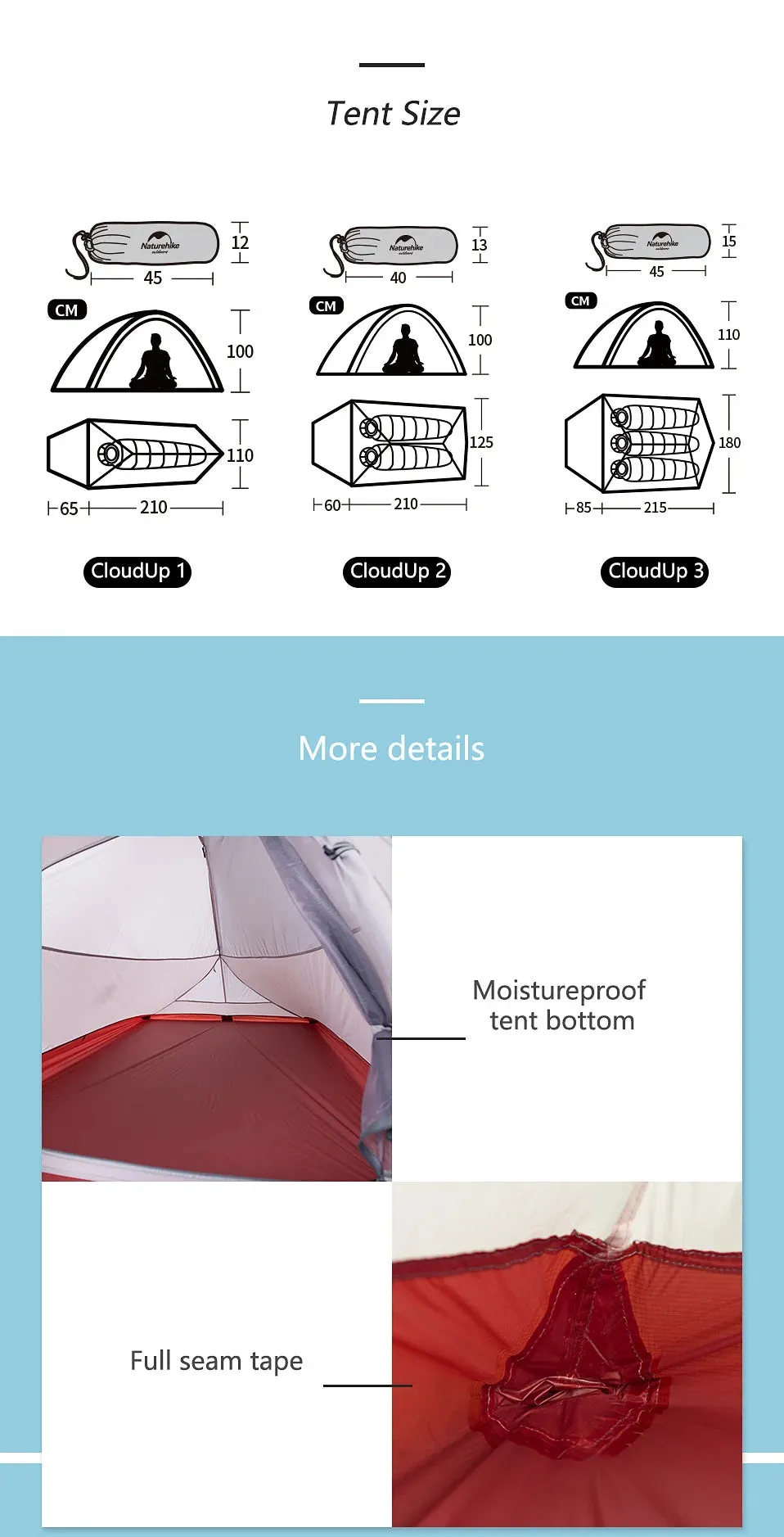 Naturehike Cloud Up Ultralight Camping Tent - 1, 2, or 3 Person Waterproof Tent
