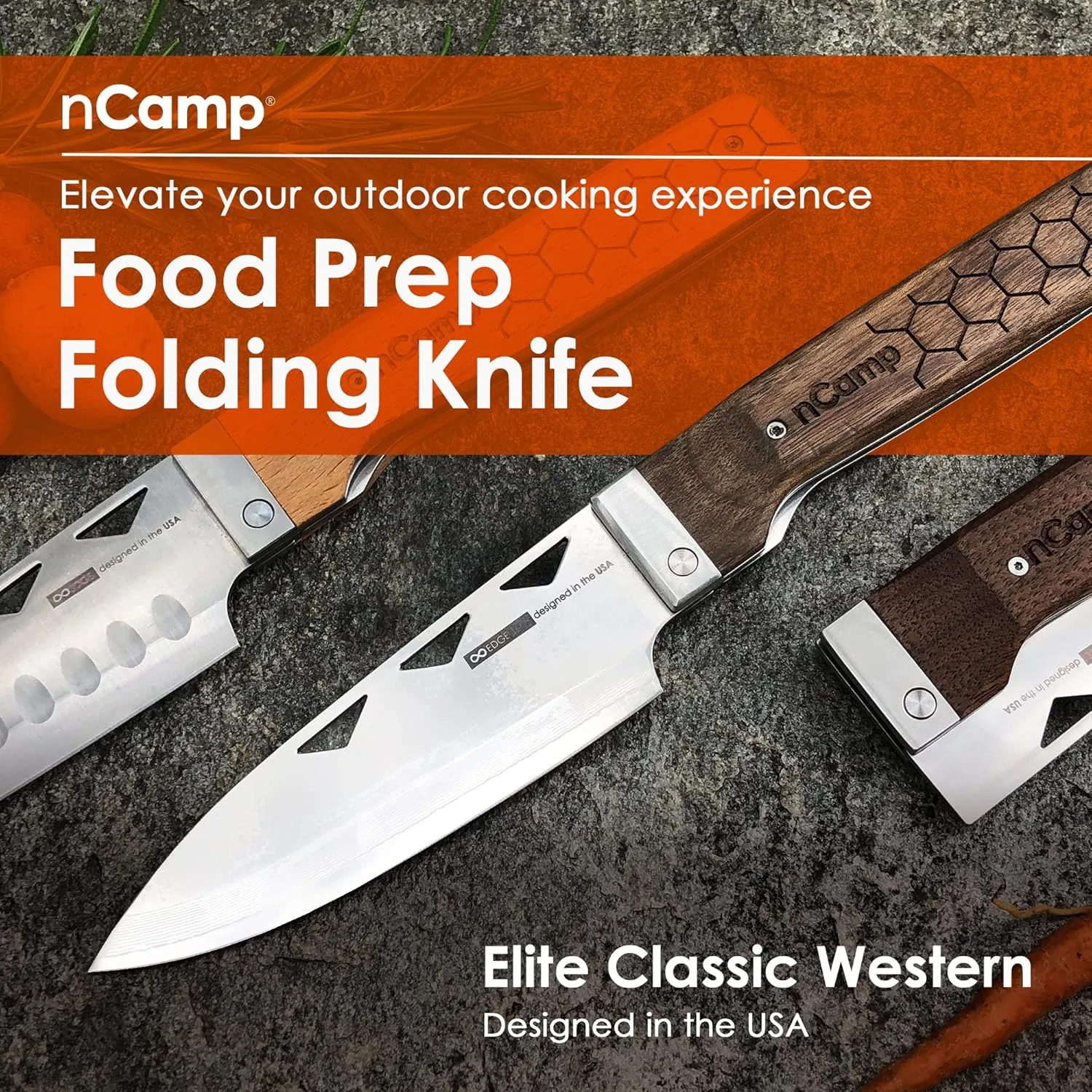 nCamp Elite Chef Folding Knife, Classic Western Camping Knife with Damascus Steel Blade, Sturdy Walnut Handle