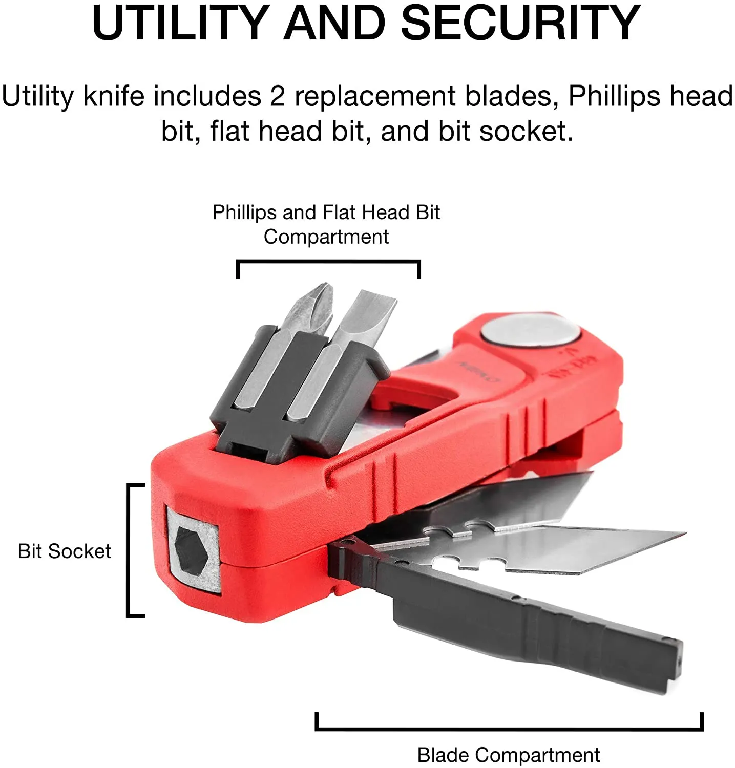 NEIKO 00678A 4-In-1 Folding Utility Knife Box Cutter Knives & Wire Stripper, Tool Hex Bit Holder Utility Work Knife & Bit Storage, Carpet Knife, Heavy Duty Box Cutter, Great work knife for men & women