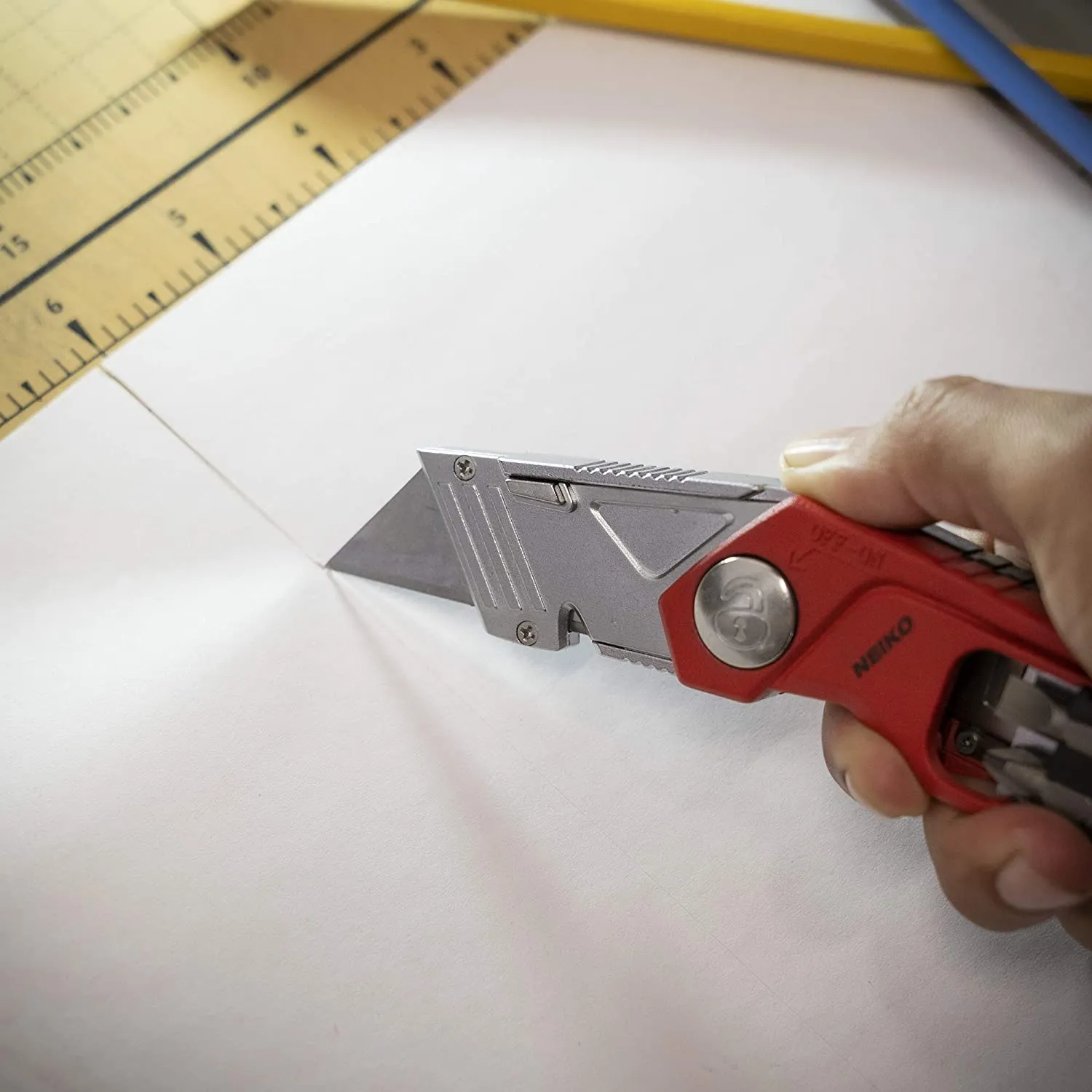 NEIKO 00678A 4-In-1 Folding Utility Knife Box Cutter Knives & Wire Stripper, Tool Hex Bit Holder Utility Work Knife & Bit Storage, Carpet Knife, Heavy Duty Box Cutter, Great work knife for men & women