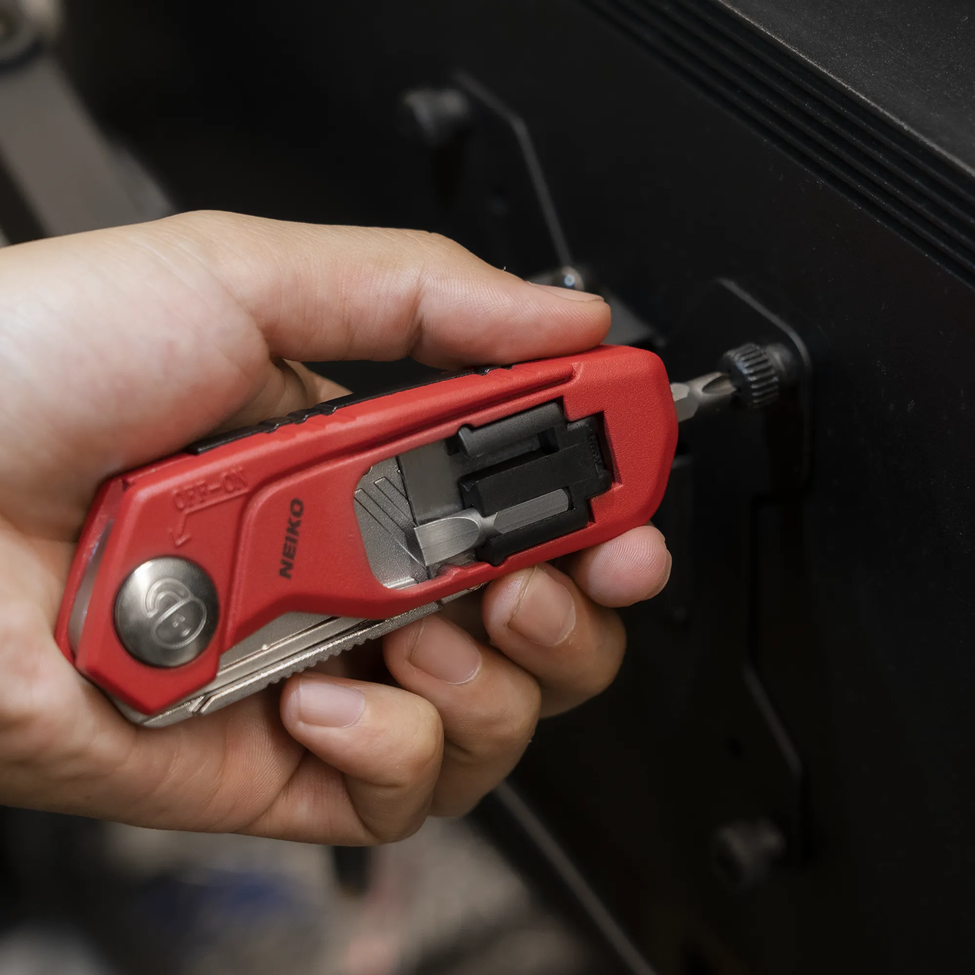 NEIKO 00678A 4-In-1 Folding Utility Knife Box Cutter Knives & Wire Stripper, Tool Hex Bit Holder Utility Work Knife & Bit Storage, Carpet Knife, Heavy Duty Box Cutter, Great work knife for men & women