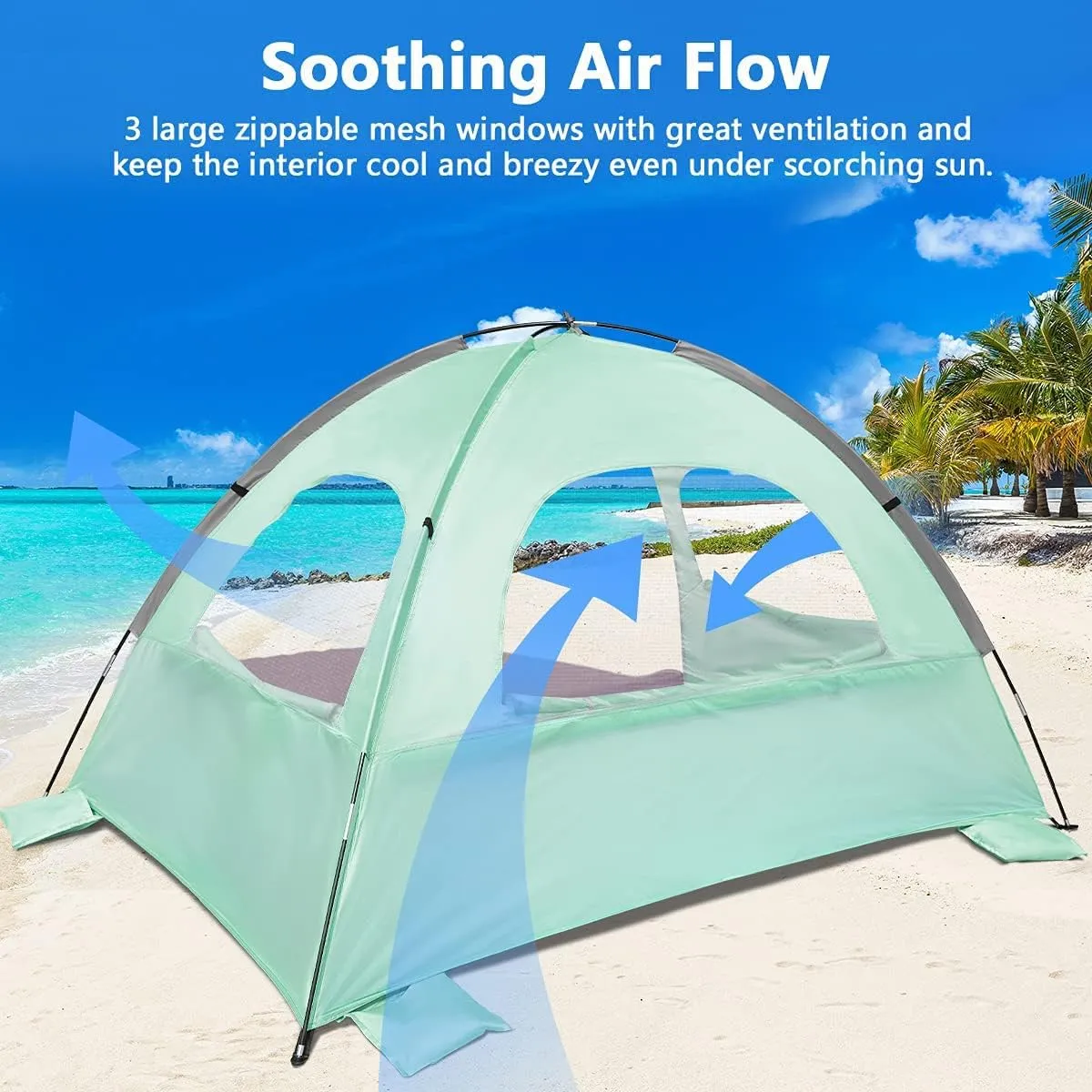 NXONE Beach Tent Sun Shade Shelter for 2-3 Person with UV Protection, Extended Floor, 3 Mesh Roll Up Windows & 8.0mm Fiberglass Rods丨Carry Bag Included (Mint Green)