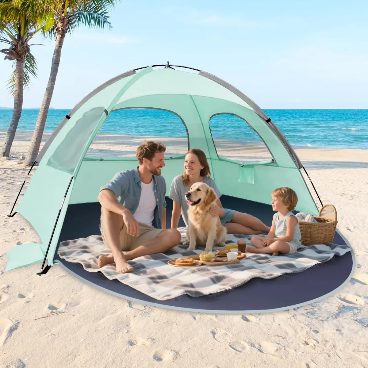 NXONE Beach Tent Sun Shade Shelter for 2-3 Person with UV Protection, Extended Floor, 3 Mesh Roll Up Windows & 8.0mm Fiberglass Rods丨Carry Bag Included (Mint Green)