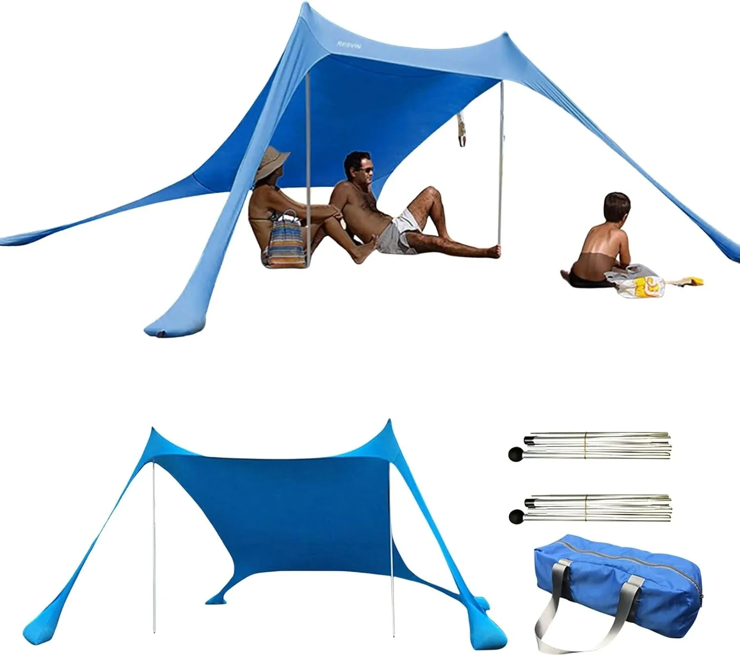OBABO Outdoor Beach Tent Sun Shelter Camping Shades Tents Windproof One-Piece Beach Canopy Tents UPF50  Portable Family Tent (Blue)