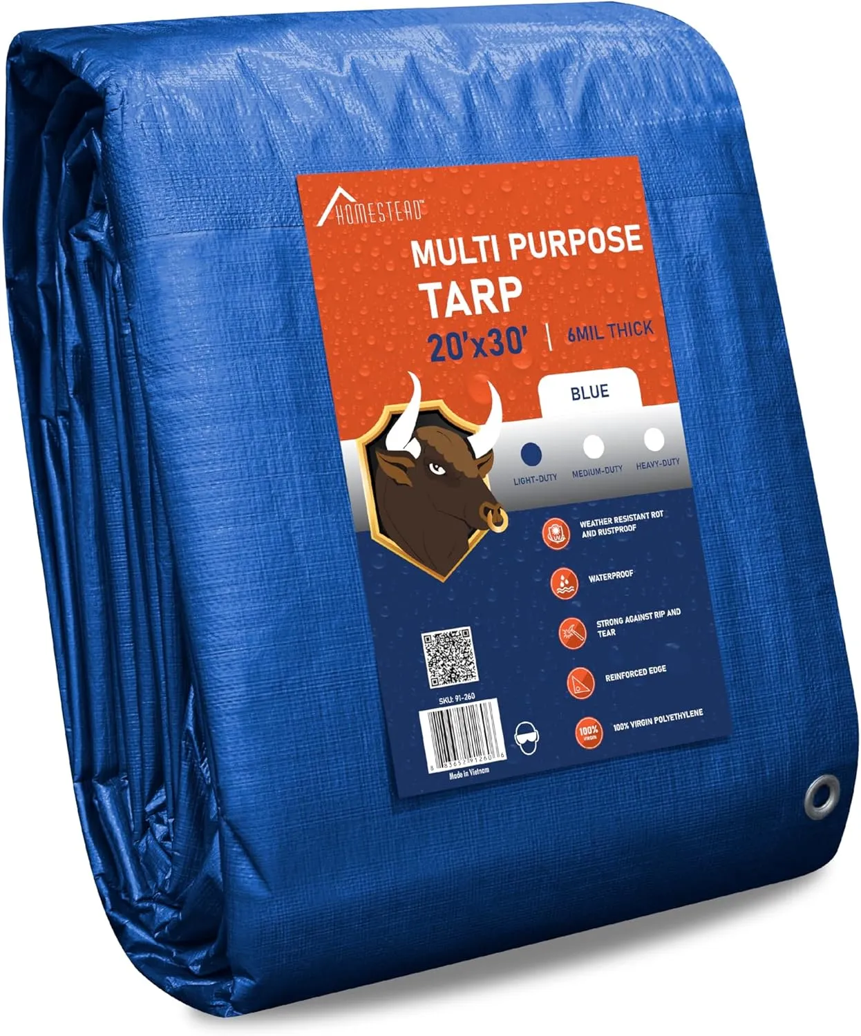 Olympia Tools Light Duty 6 Mil Tarp Cover with Metal Grommets and Reinforced Edges, Waterproof & UV Resistant Tarpaulin - Blue - 20' x 30'