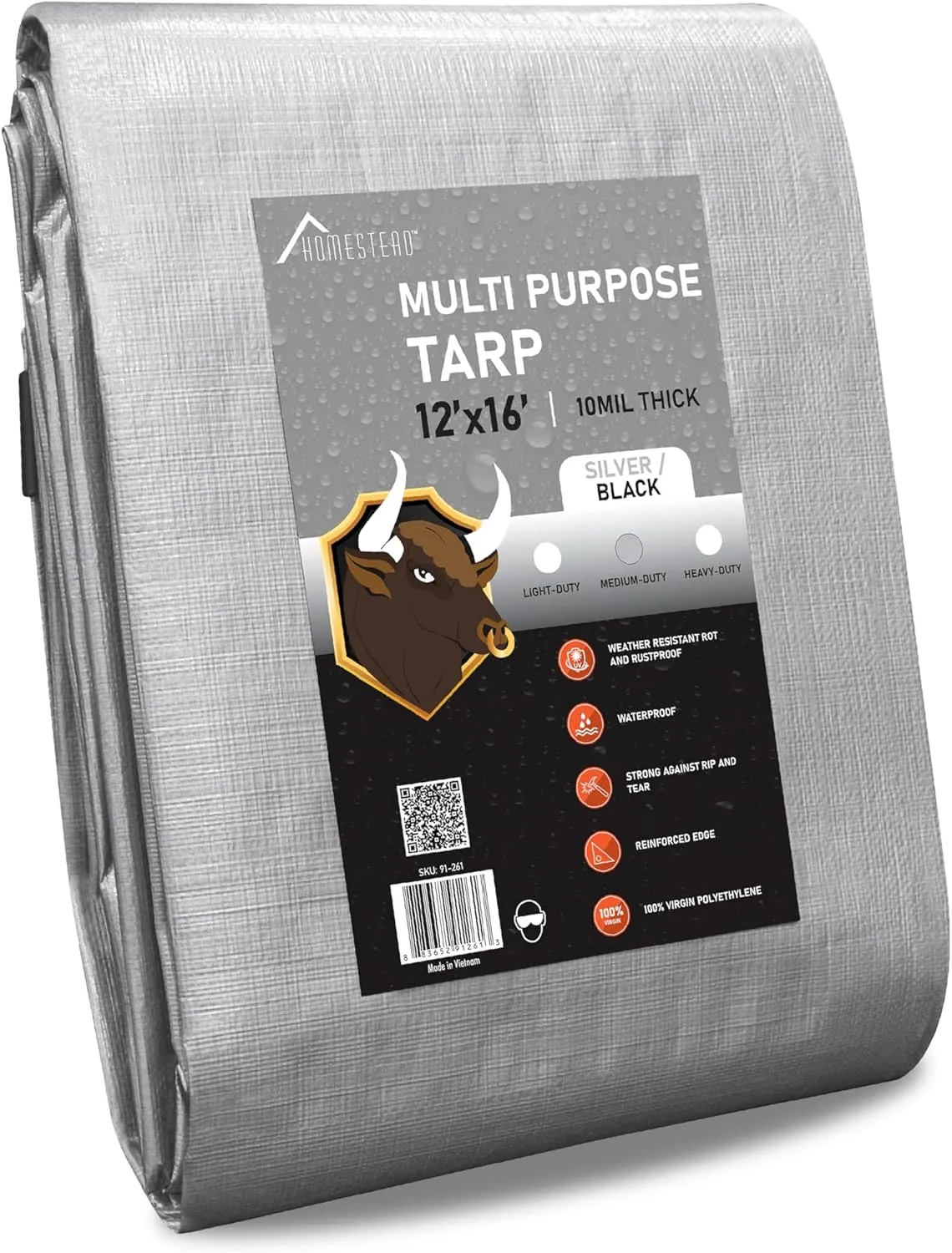 Olympia Tools Medium Duty 10 Mil Tarp Cover with Metal Grommets and Reinforced Edges, Waterproof & UV Resistant Tarpaulin - Silver/Black - 12' x 16'