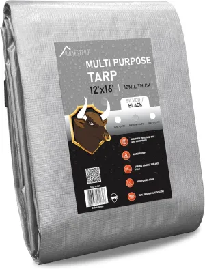 Olympia Tools Medium Duty 10 Mil Tarp Cover with Metal Grommets and Reinforced Edges, Waterproof & UV Resistant Tarpaulin - Silver/Black - 12' x 16'
