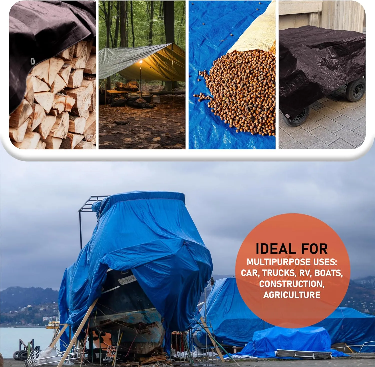 Olympia Tools Medium Duty 10 Mil Tarp Cover with Metal Grommets and Reinforced Edges, Waterproof & UV Resistant Tarpaulin - Silver/Black - 12' x 16'