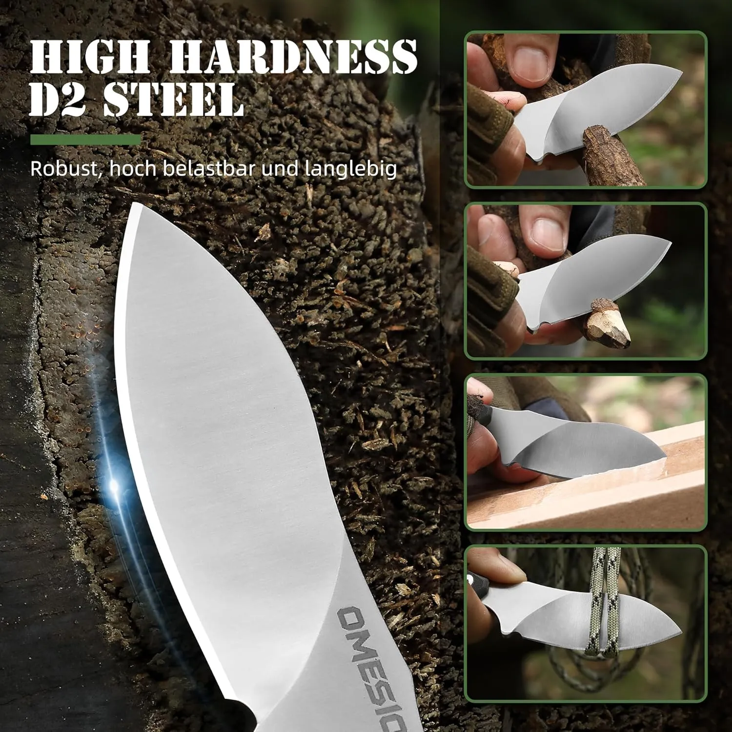 Omesio Neck Knife, 5.82" Fixed Blade Knife with Kydex Sheath and Necklance, Campact Full Tang Tactical Neck Knife with Clip, Nessmuk EDC Small Knife D2 Steel G10 Handle for Outdoor, Survival, Camping