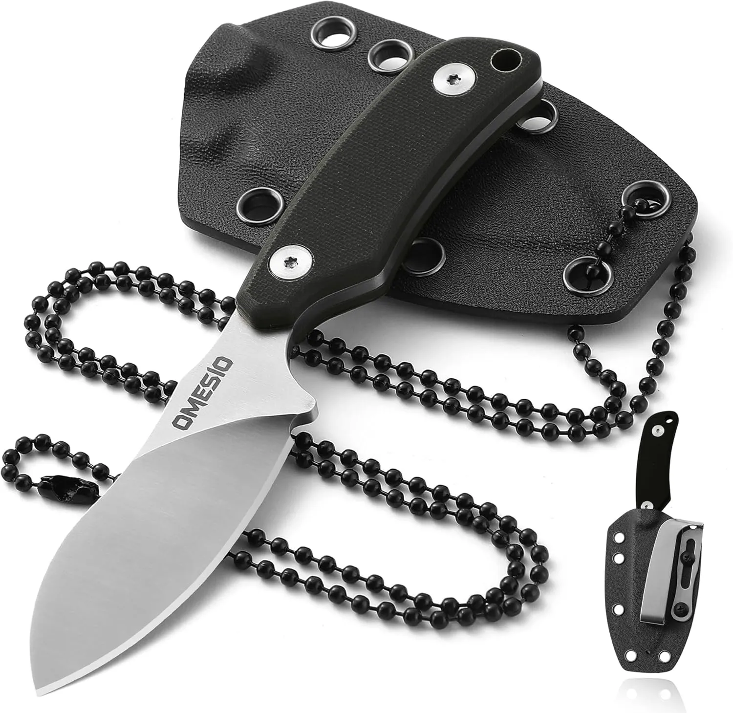 Omesio Neck Knife, 5.82" Fixed Blade Knife with Kydex Sheath and Necklance, Campact Full Tang Tactical Neck Knife with Clip, Nessmuk EDC Small Knife D2 Steel G10 Handle for Outdoor, Survival, Camping