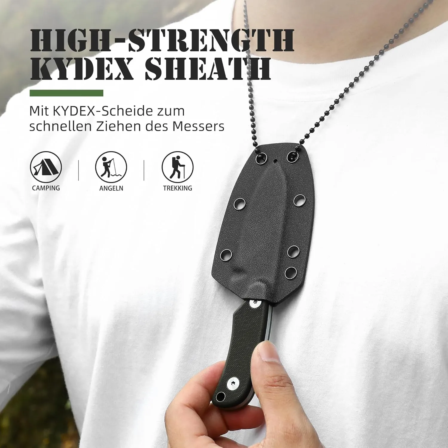Omesio Neck Knife, 5.82" Fixed Blade Knife with Kydex Sheath and Necklance, Campact Full Tang Tactical Neck Knife with Clip, Nessmuk EDC Small Knife D2 Steel G10 Handle for Outdoor, Survival, Camping