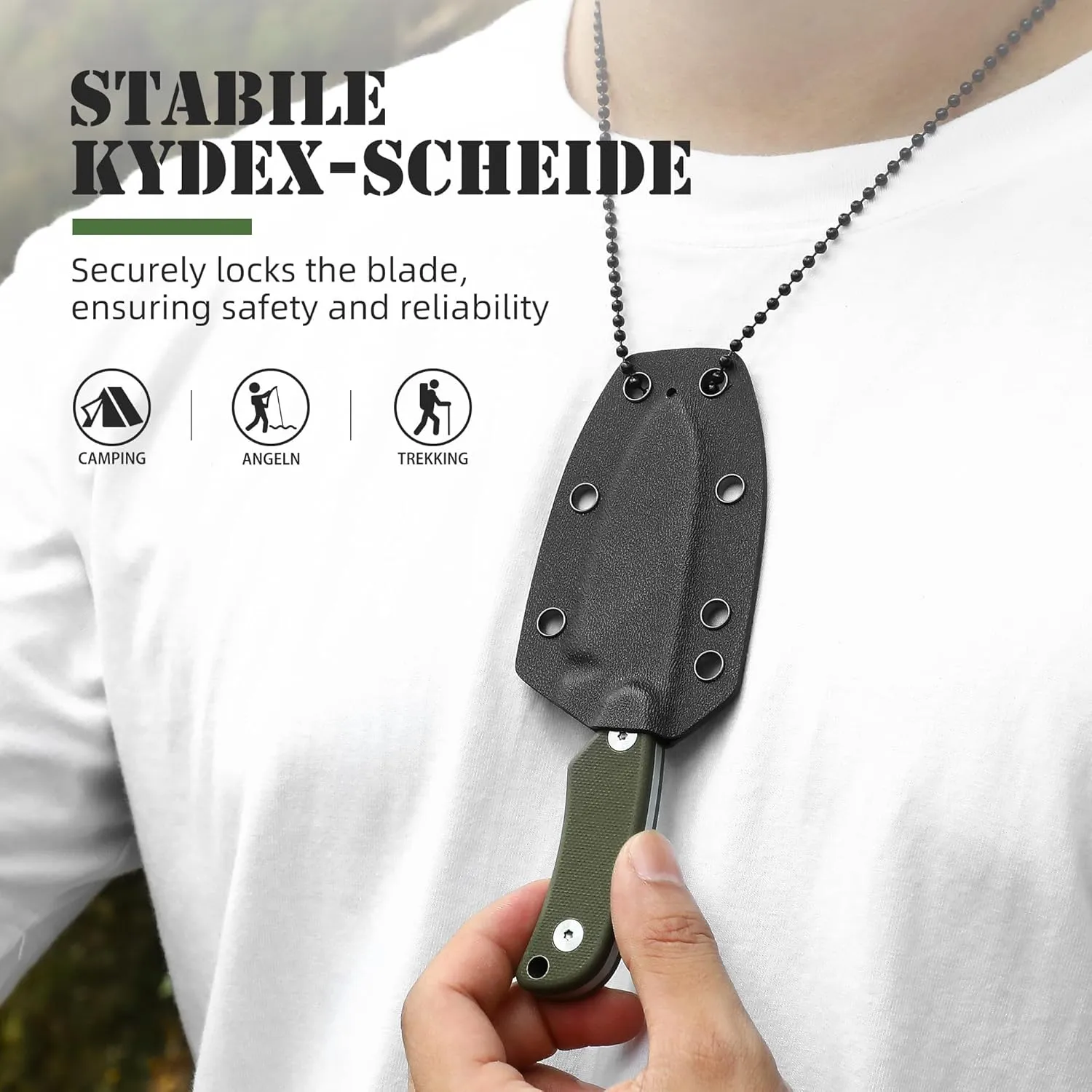 Omesio Neck Knife, Full Tang EDC Knife Necklace for Men, 5.82" Fixed Blade with Kydex SHeath and Clip, Nessmuk Blade Small D2 Steel G10 Handle for Outdoor, Survival, Camping