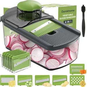 Ourokhome Mandolin Food Slicer, Hand Safe Kitchen Vegetable Shredder with 6 Mandoline Blades, Veggie Waffle Cutter for Potato, Carrot, Zucchini, Onion, Essential Kitchen Gadgets (6 in 1, Gray)