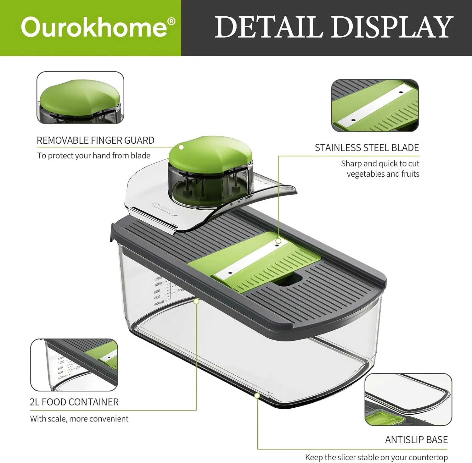Ourokhome Mandolin Food Slicer, Hand Safe Kitchen Vegetable Shredder with 6 Mandoline Blades, Veggie Waffle Cutter for Potato, Carrot, Zucchini, Onion, Essential Kitchen Gadgets (6 in 1, Gray)