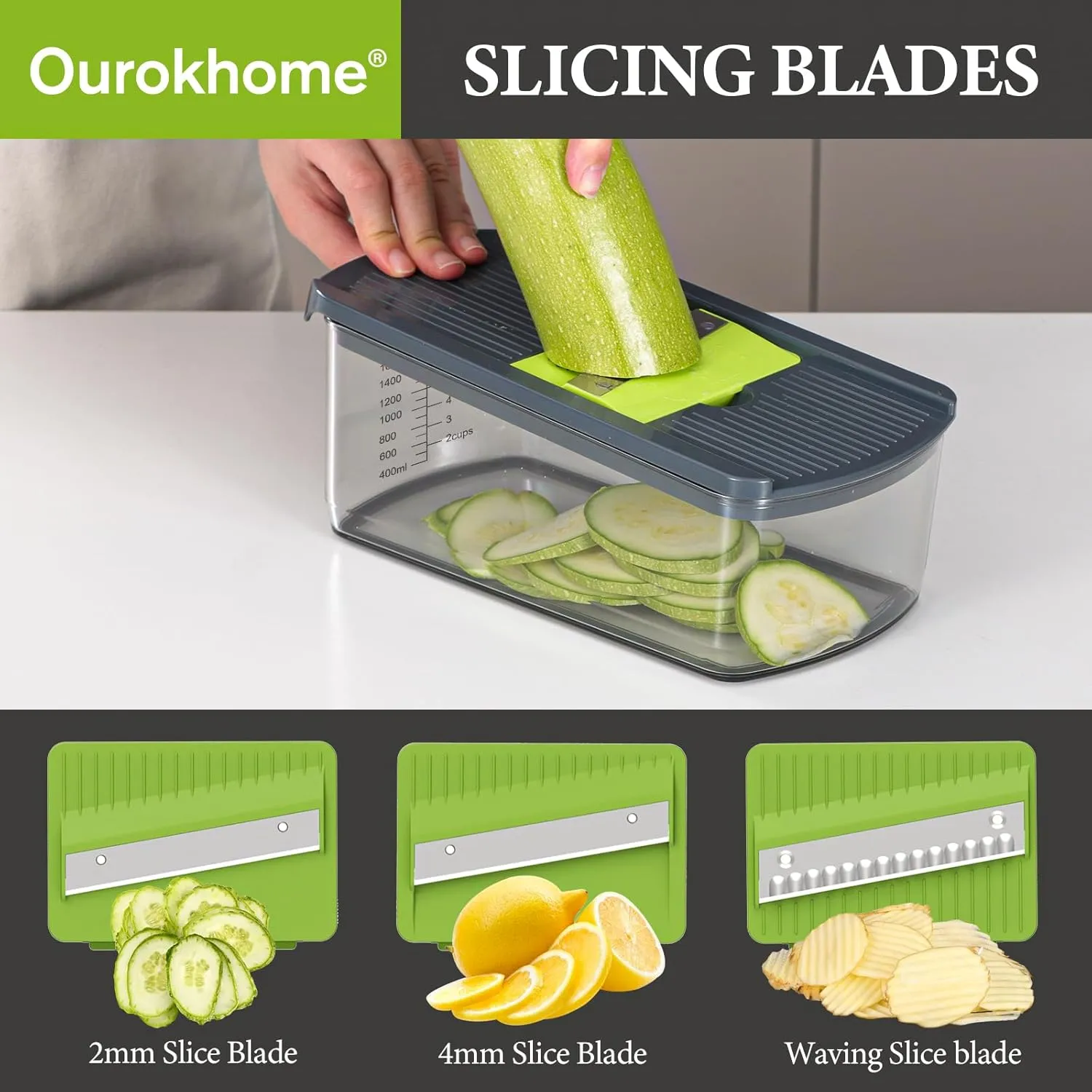 Ourokhome Mandolin Food Slicer, Hand Safe Kitchen Vegetable Shredder with 6 Mandoline Blades, Veggie Waffle Cutter for Potato, Carrot, Zucchini, Onion, Essential Kitchen Gadgets (6 in 1, Gray)