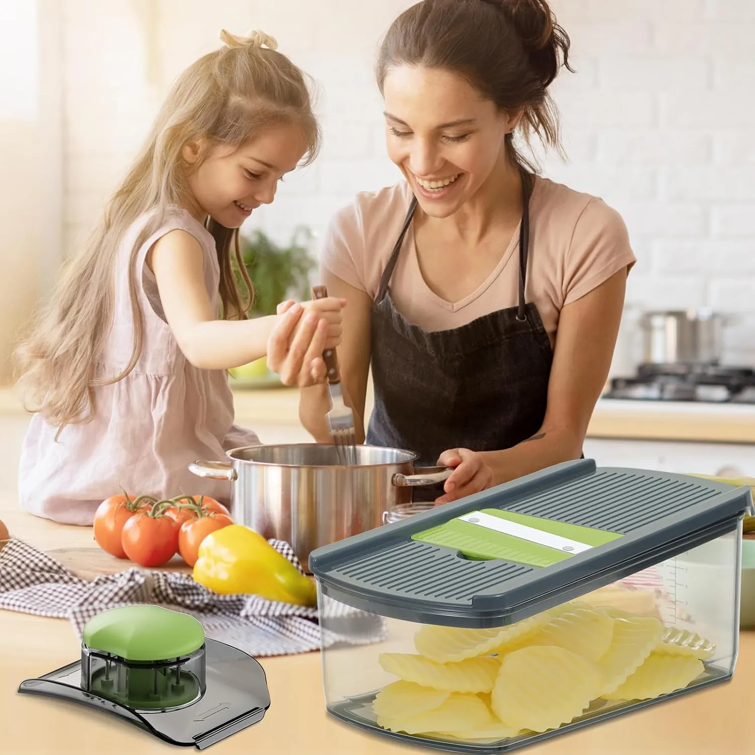 Ourokhome Mandolin Food Slicer, Hand Safe Kitchen Vegetable Shredder with 6 Mandoline Blades, Veggie Waffle Cutter for Potato, Carrot, Zucchini, Onion, Essential Kitchen Gadgets (6 in 1, Gray)