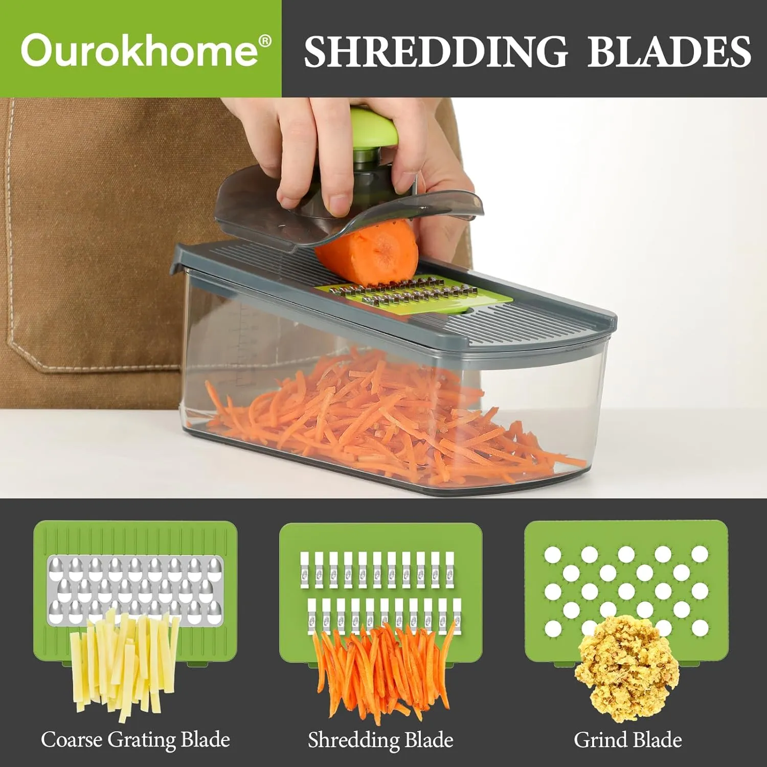 Ourokhome Mandolin Food Slicer, Hand Safe Kitchen Vegetable Shredder with 6 Mandoline Blades, Veggie Waffle Cutter for Potato, Carrot, Zucchini, Onion, Essential Kitchen Gadgets (6 in 1, Gray)