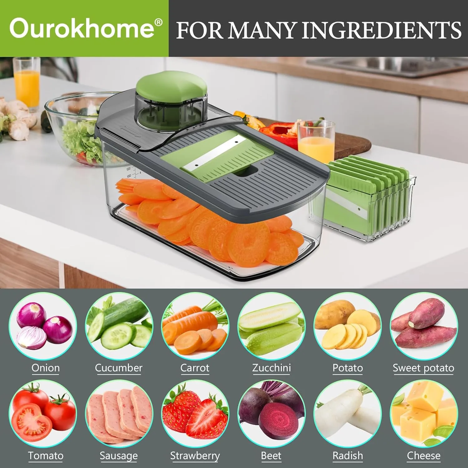 Ourokhome Mandolin Food Slicer, Hand Safe Kitchen Vegetable Shredder with 6 Mandoline Blades, Veggie Waffle Cutter for Potato, Carrot, Zucchini, Onion, Essential Kitchen Gadgets (6 in 1, Gray)