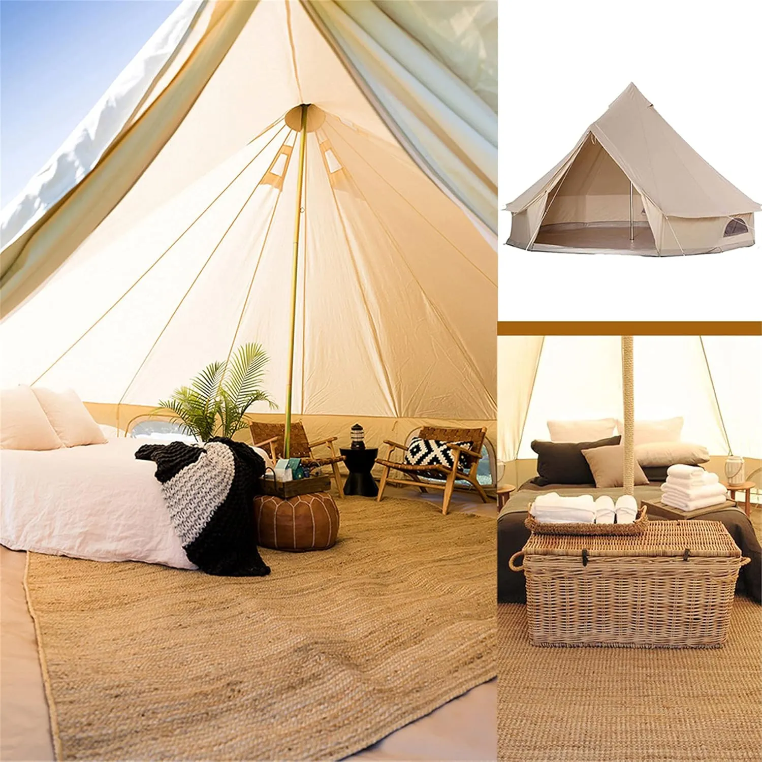Outdoor Bell Tents Large Canvas Glamping Yurt Tent with Zipped Groundsheet and Chimney for Family Camping Hiking Hunting Party Shelter, 3/4/5/6M