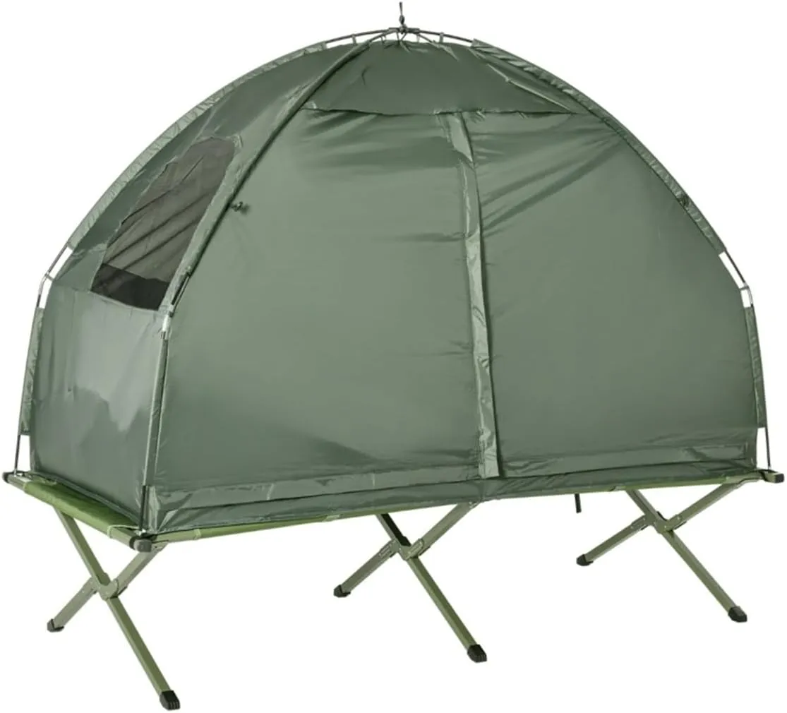 Outdoor Foldable Camping Tent with Folding Cot, Inflatable Air Mattress, Sleeping Bag, Pillow, Foot Pump, Carrying Bag - Pop-up Design for Camping Trips Backpacking Adventures Backyard