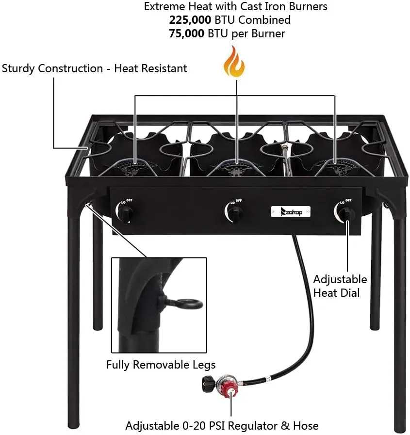 Outdoor Stove Portable Propane Burner Gas Cooker - Camp Stoves 3 Burner Propane Stove for Camping Cooking, High Pressure Iron Cast Patio Three Burner with Detachable Legs, 225000 BTU