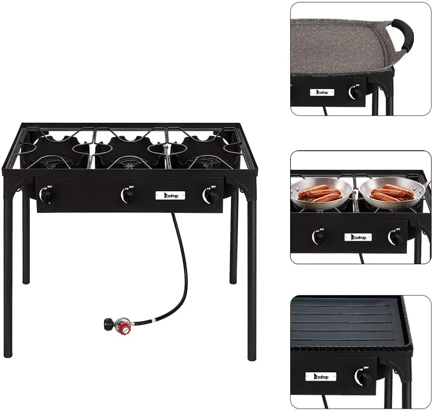 Outdoor Stove Portable Propane Burner Gas Cooker - Camp Stoves 3 Burner Propane Stove for Camping Cooking, High Pressure Iron Cast Patio Three Burner with Detachable Legs, 225000 BTU