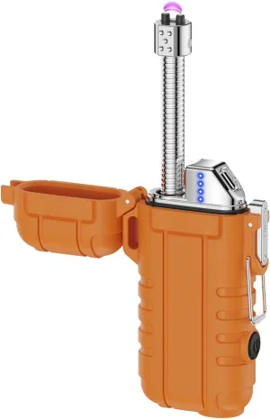 Outdoor Waterproof Telescopic Arc Lighter with LED Flashlight USB Rechargeable Double Arc Plasma Lighter for Camping Hiking Traveling (Orange)