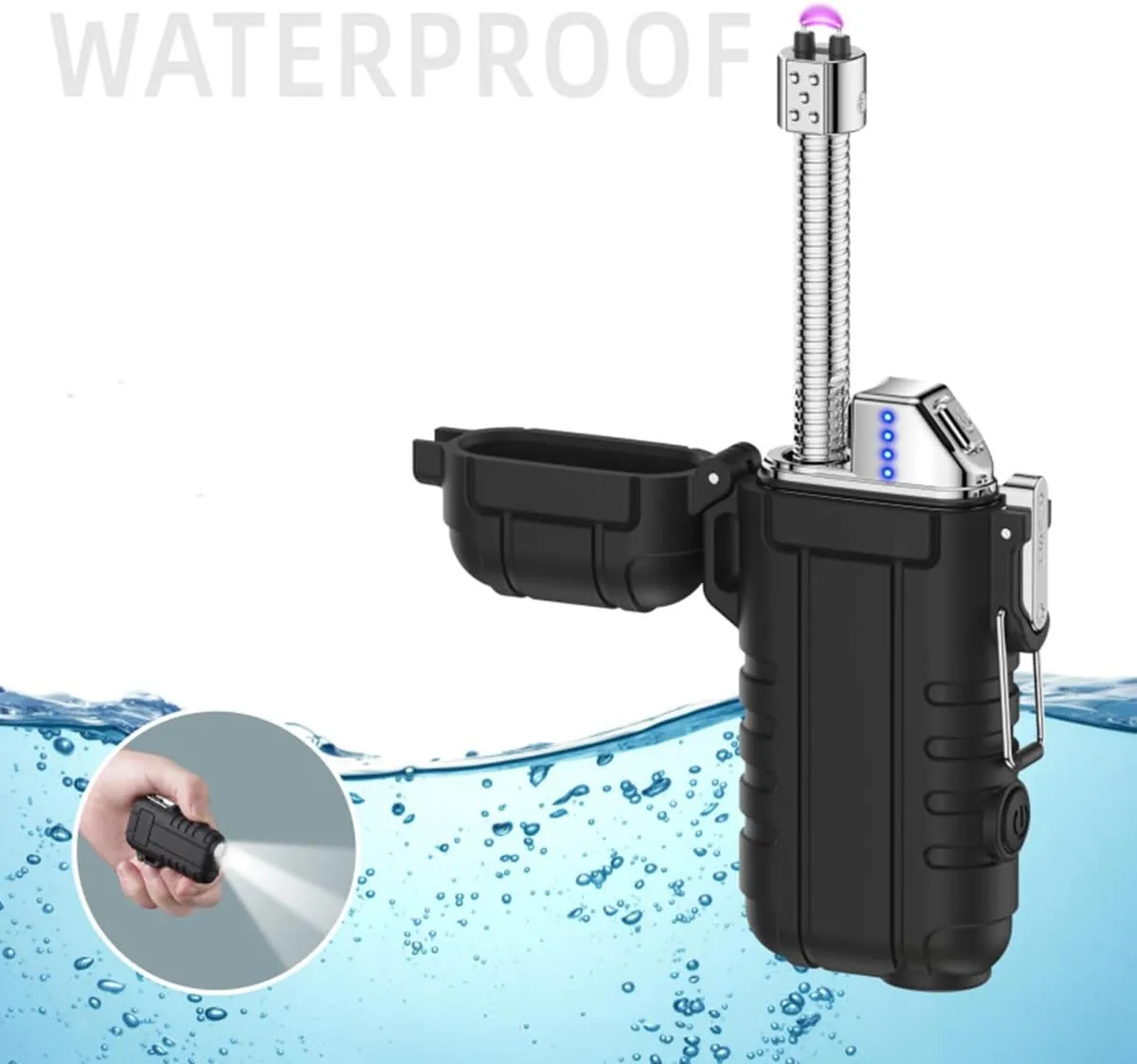 Outdoor Waterproof Telescopic Arc Lighter with LED Flashlight USB Rechargeable Double Arc Plasma Lighter for Camping Hiking Traveling (Orange)