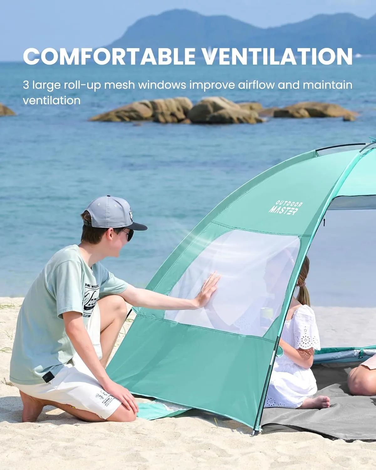 OutdoorMaster Beach Tent for 3/4 Person - Easy Setup Sun Shade Shelter, Portable Beach Shade Sun Canopy with UPF 50  UV Protection, Removable Skylight Family Size