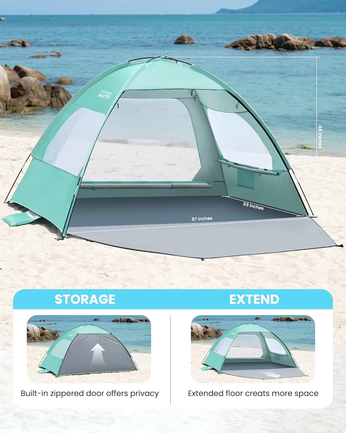 OutdoorMaster Beach Tent for 3/4 Person - Easy Setup Sun Shade Shelter, Portable Beach Shade Sun Canopy with UPF 50  UV Protection, Removable Skylight Family Size
