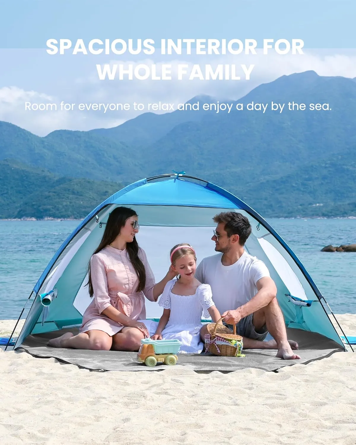 OutdoorMaster Beach Tent for 3/4 Person - Easy Setup Sun Shade Shelter, Portable Beach Shade Sun Canopy with UPF 50  UV Protection, Removable Skylight Family Size