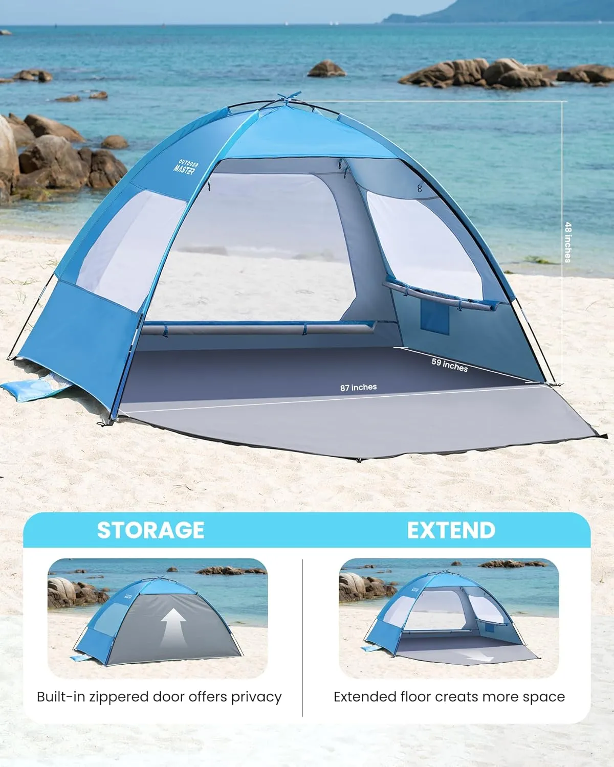 OutdoorMaster Beach Tent for 3/4 Person - Easy Setup Sun Shade Shelter, Portable Beach Shade Sun Canopy with UPF 50  UV Protection, Removable Skylight Family Size