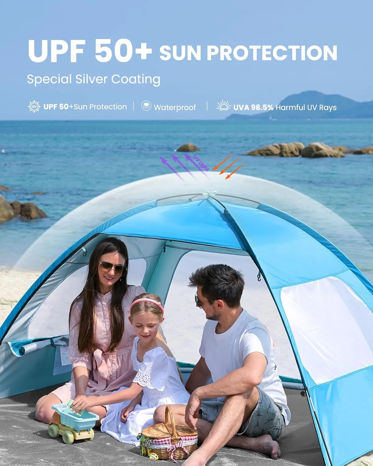 OutdoorMaster Beach Tent for 3/4 Person - Easy Setup Sun Shade Shelter, Portable Beach Shade Sun Canopy with UPF 50  UV Protection, Removable Skylight Family Size