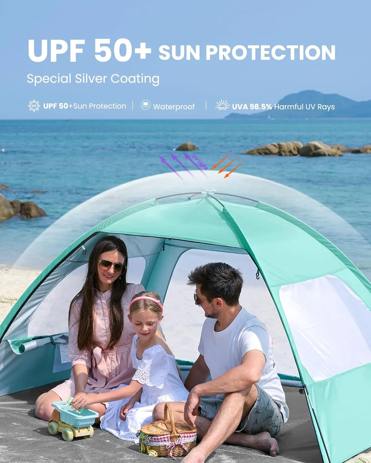 OutdoorMaster Beach Tent for 3/4 Person - Easy Setup Sun Shade Shelter, Portable Beach Shade Sun Canopy with UPF 50  UV Protection, Removable Skylight Family Size