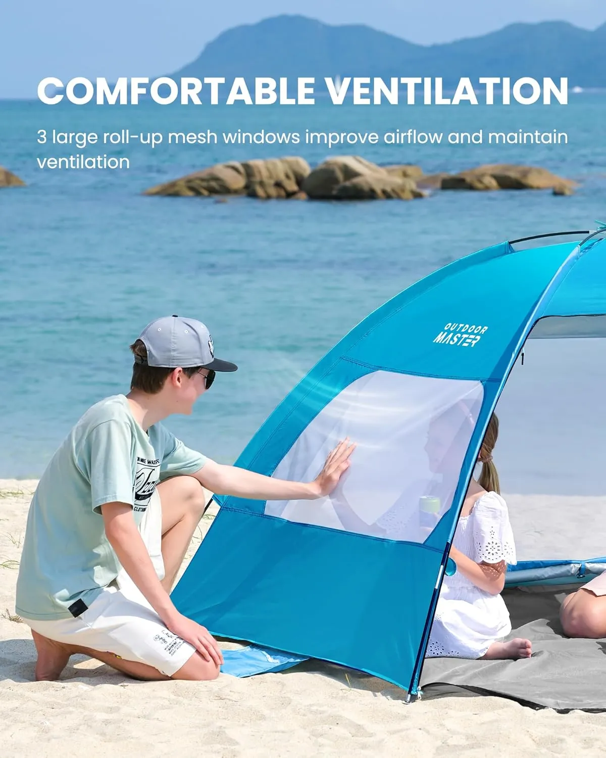 OutdoorMaster Beach Tent for 3/4 Person - Easy Setup Sun Shade Shelter, Portable Beach Shade Sun Canopy with UPF 50  UV Protection, Removable Skylight Family Size