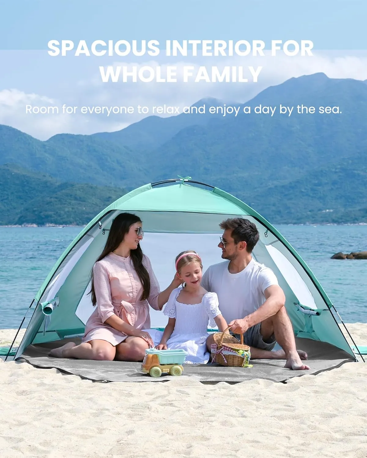 OutdoorMaster Beach Tent for 3/4 Person - Easy Setup Sun Shade Shelter, Portable Beach Shade Sun Canopy with UPF 50  UV Protection, Removable Skylight Family Size