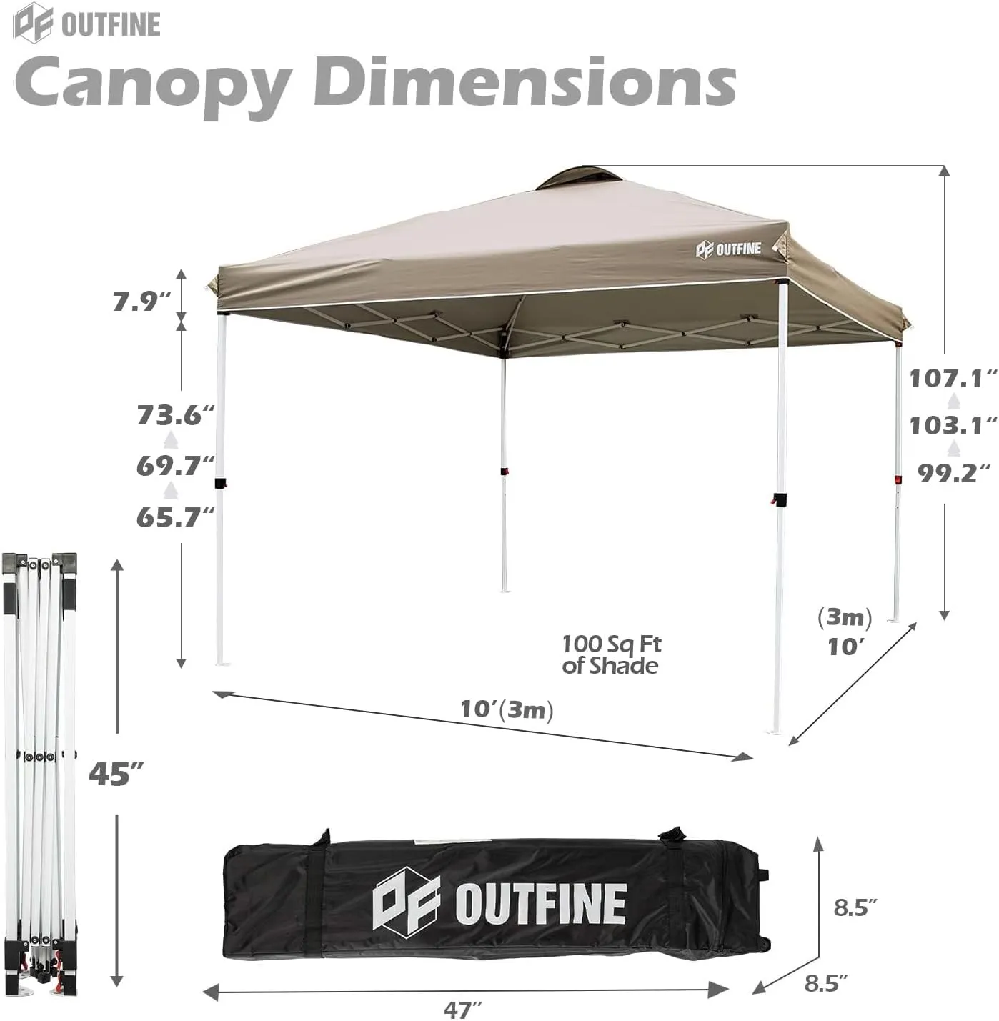 OUTFINE Pop-up Canopy 10x10 Patio Tent Instant Gazebo Canopy with Wheeled Bag,Canopy Sandbags x4,Tent Stakesx8 (Khaki, 10 * 10FT)