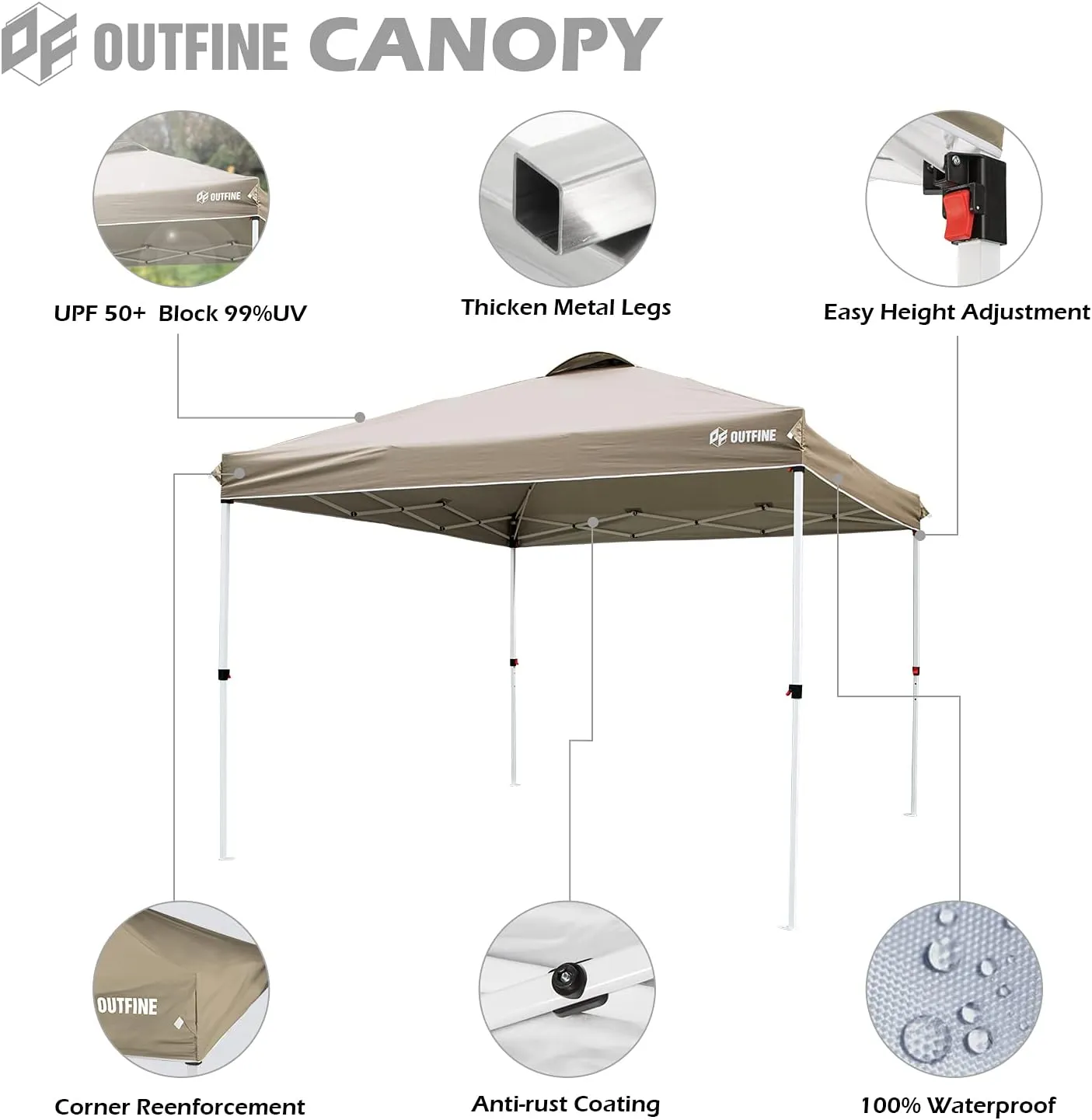 OUTFINE Pop-up Canopy 10x10 Patio Tent Instant Gazebo Canopy with Wheeled Bag,Canopy Sandbags x4,Tent Stakesx8 (Khaki, 10 * 10FT)