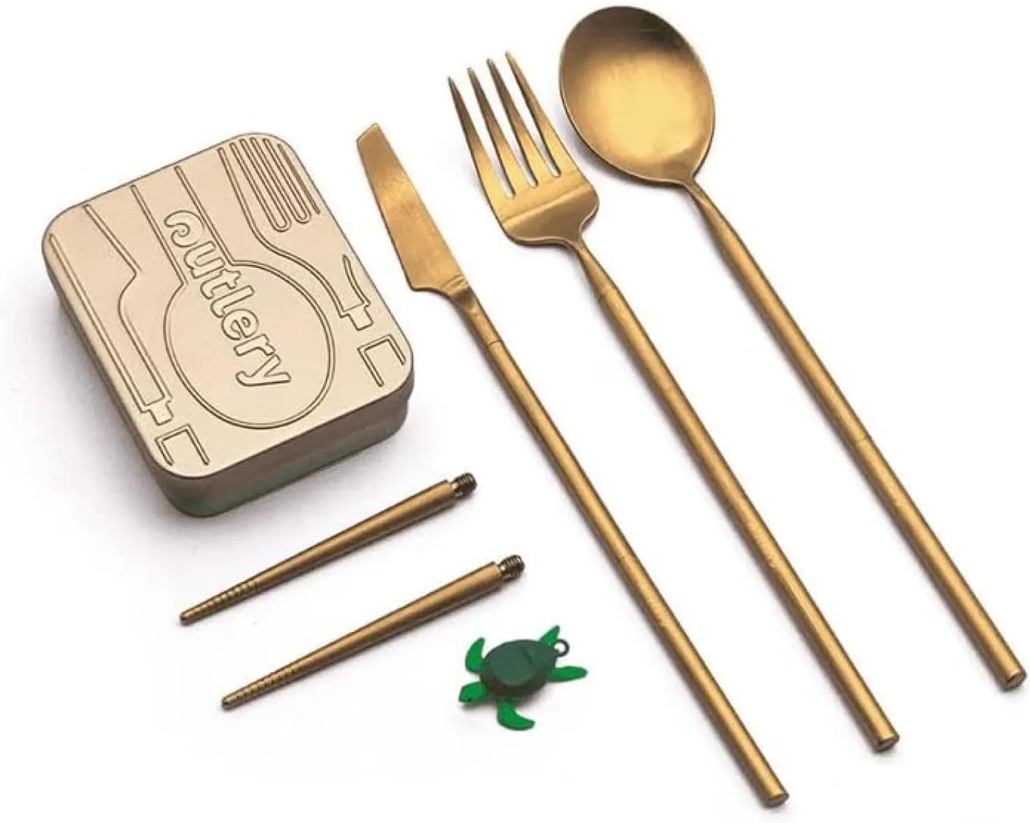 Outlery | Portable & Reusable Stainless Steel Travel Cutlery Set and Reusable Chopsticks (Metallic Gold) Pocket Sized Cutlery Set