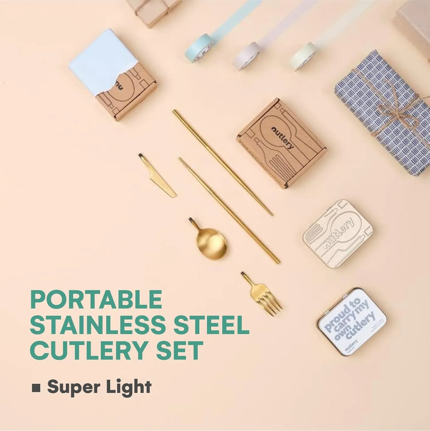 Outlery | Portable & Reusable Stainless Steel Travel Cutlery Set and Reusable Chopsticks (Metallic Gold) Pocket Sized Cutlery Set