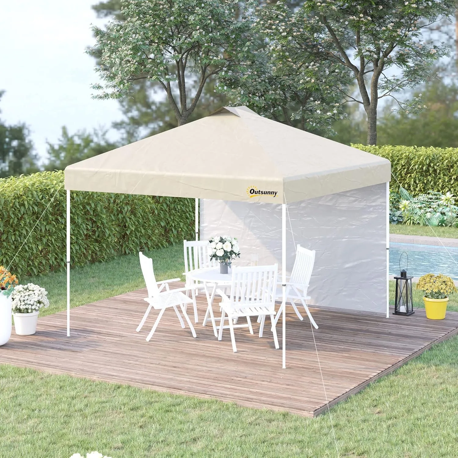 Outsunny 10' x 10' Pop-Up Canopy Tent with 1 Removable Sidewall, Commercial Instant Sun Shelter, Tents for Parties with Wheeled Carry Bag for Outdoor, Garden, Patio, Beige