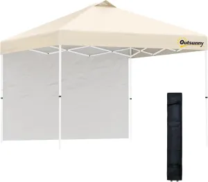 Outsunny 10' x 10' Pop-Up Canopy Tent with 1 Removable Sidewall, Commercial Instant Sun Shelter, Tents for Parties with Wheeled Carry Bag for Outdoor, Garden, Patio, Beige