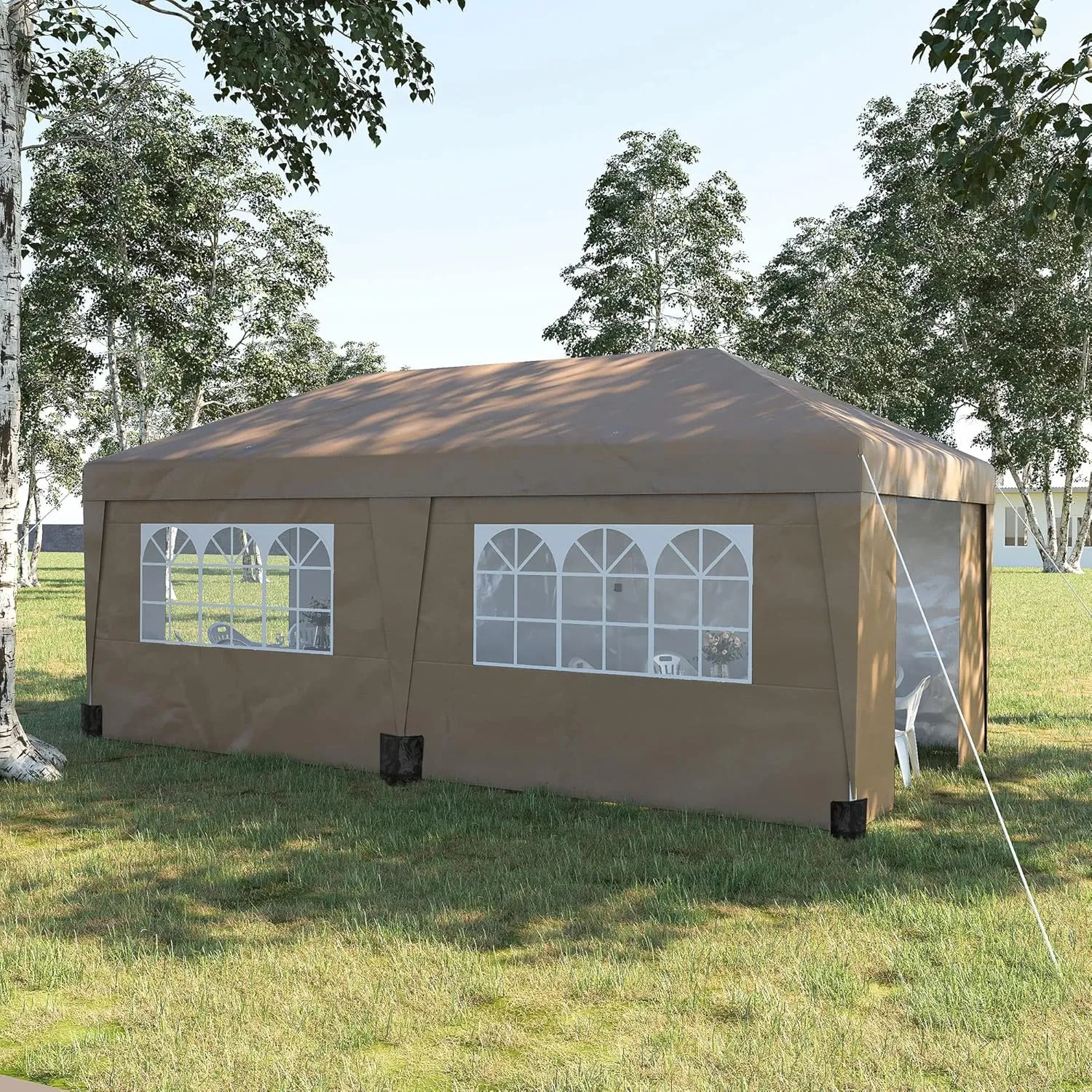 Outsunny 10' x 19.5' Pop Up Canopy Tent with Sidewalls, UPF 30  Height Adjustable Large Party Tent Event Shelter with Leg Weight Bags and Wheeled Carry Bag for Garden, Patio, Brown