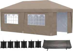 Outsunny 10' x 19.5' Pop Up Canopy Tent with Sidewalls, UPF 30  Height Adjustable Large Party Tent Event Shelter with Leg Weight Bags and Wheeled Carry Bag for Garden, Patio, Brown