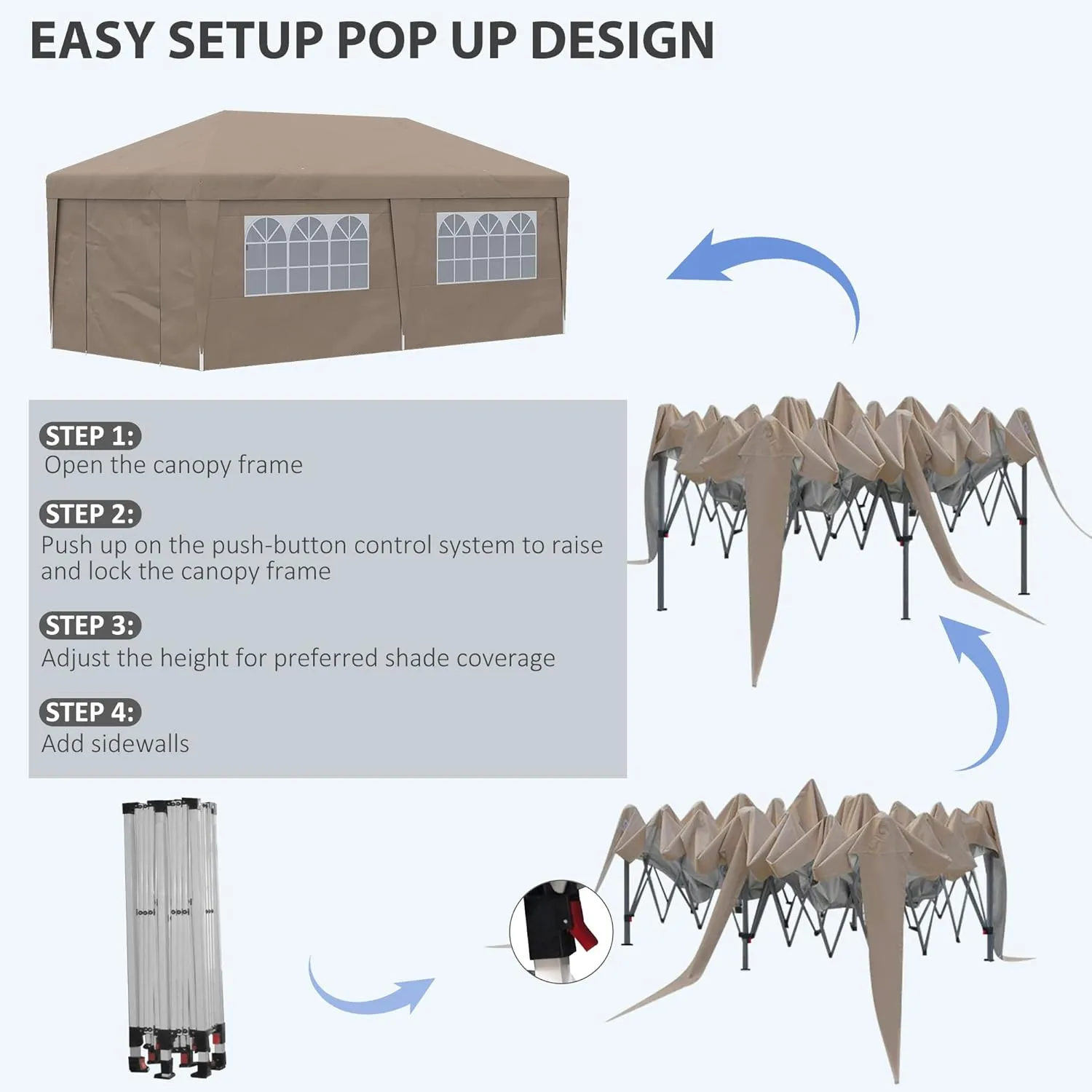 Outsunny 10' x 19.5' Pop Up Canopy Tent with Sidewalls, UPF 30  Height Adjustable Large Party Tent Event Shelter with Leg Weight Bags and Wheeled Carry Bag for Garden, Patio, Brown