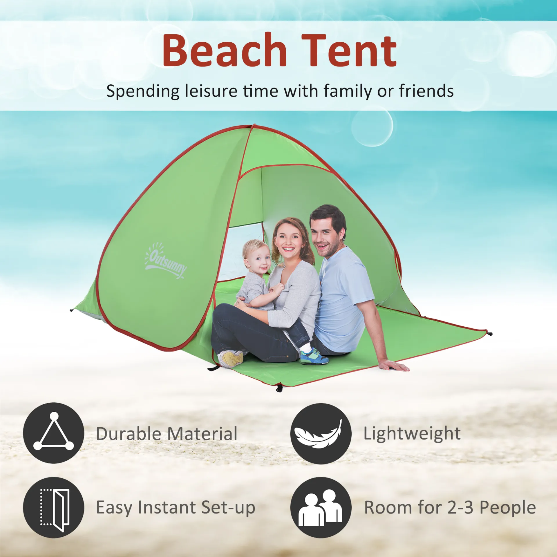 Outsunny 2-3 Person Pop up Tent Beach Tent Hiking UV 30  Protection Patio Sun Shelter (Green)