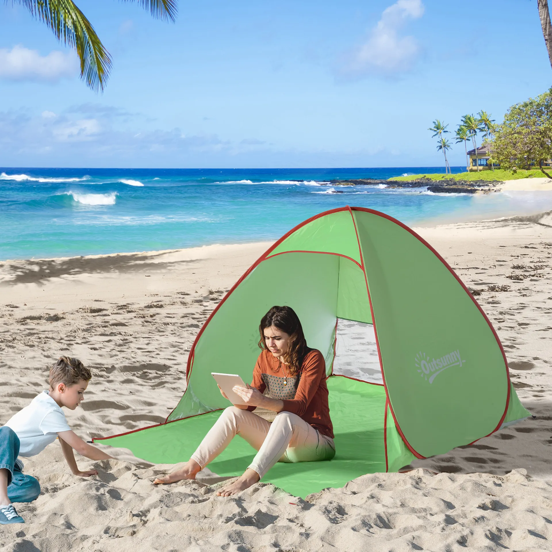 Outsunny 2-3 Person Pop up Tent Beach Tent Hiking UV 30  Protection Patio Sun Shelter (Green)