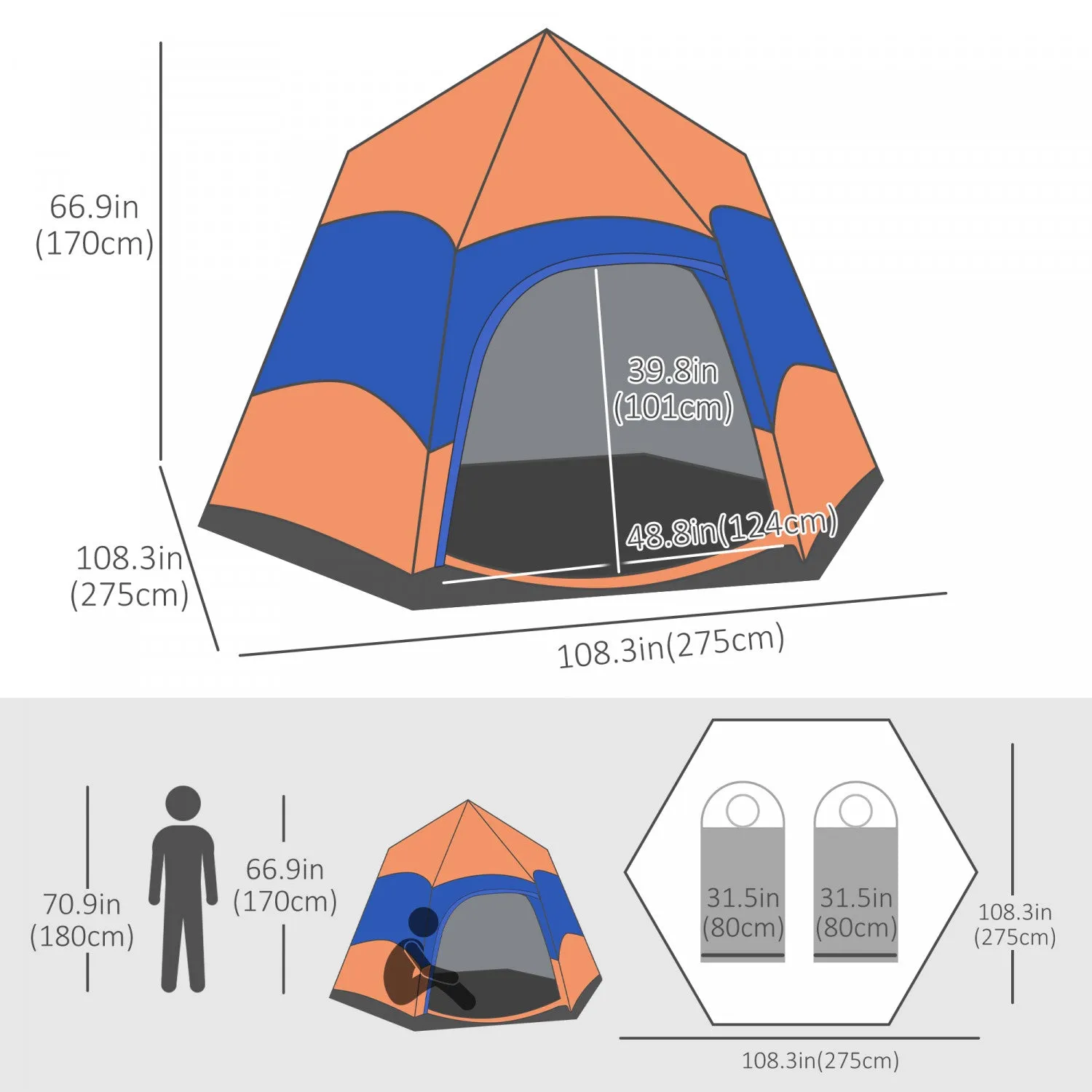 Outsunny Hexagon Double Layer Easy Pop Up Camping Tent 4-6 Person Portable Folding Dome Shelter Hiki|Outsunny Tente Hexagonal Double Couche Camping Tente 4-6 Personnes Portable Pliable Dome Abri Randon