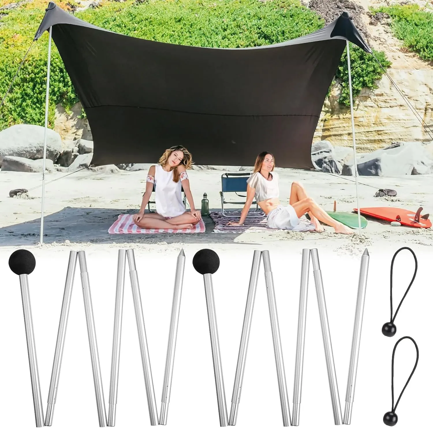 PAMASE Beach Tent Poles Replacement - 6ft11in Extra Poles fits Neso Grande Canopy, 2 Packs Foldable Portable Aluminum Alloy Repairing Fixing Accessories for Camping Parties Fishing Hiking