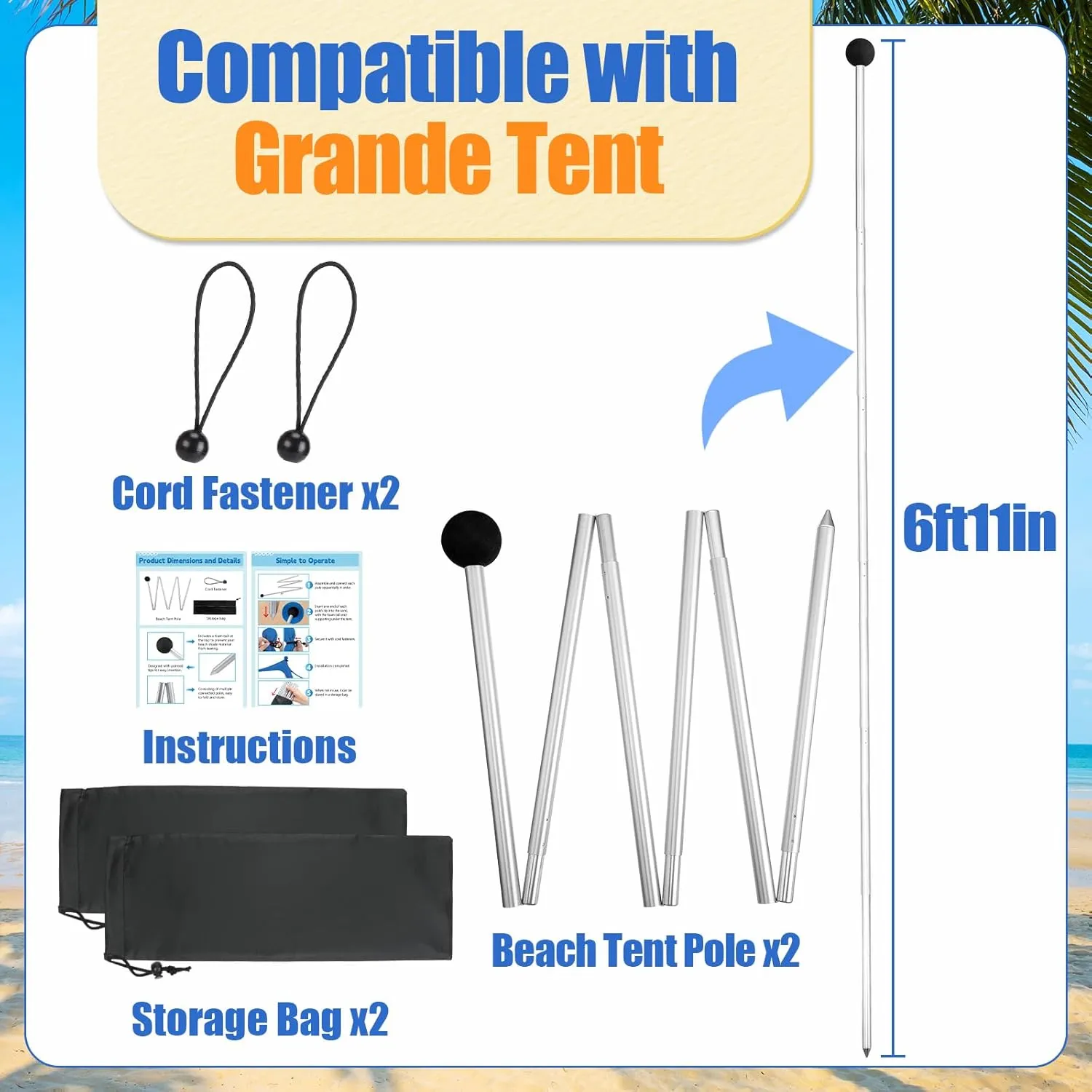 PAMASE Beach Tent Poles Replacement - 6ft11in Extra Poles fits Neso Grande Canopy, 2 Packs Foldable Portable Aluminum Alloy Repairing Fixing Accessories for Camping Parties Fishing Hiking